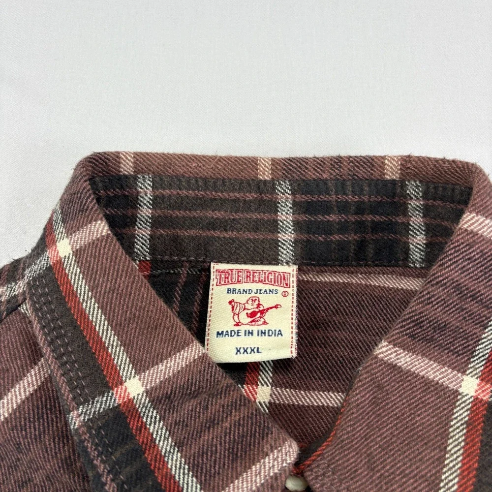 True Religion Flannel Shirt Mens 3XL Brown Plaid Western Pearl Snap Up Pockets